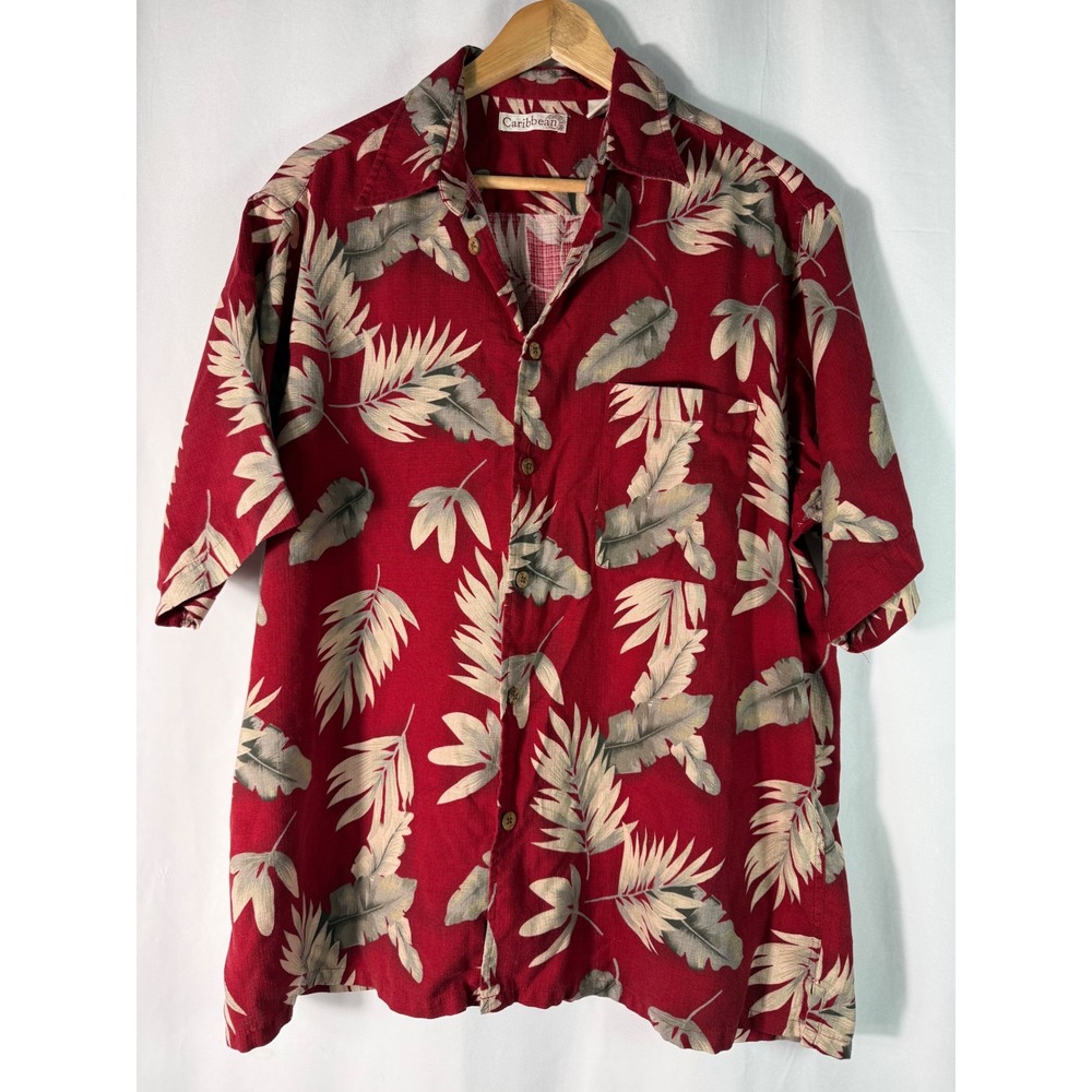 Caribbean Roundtree & Yorke Mens Large Red Silk Cotton Tropical Leaf Camp Shirt